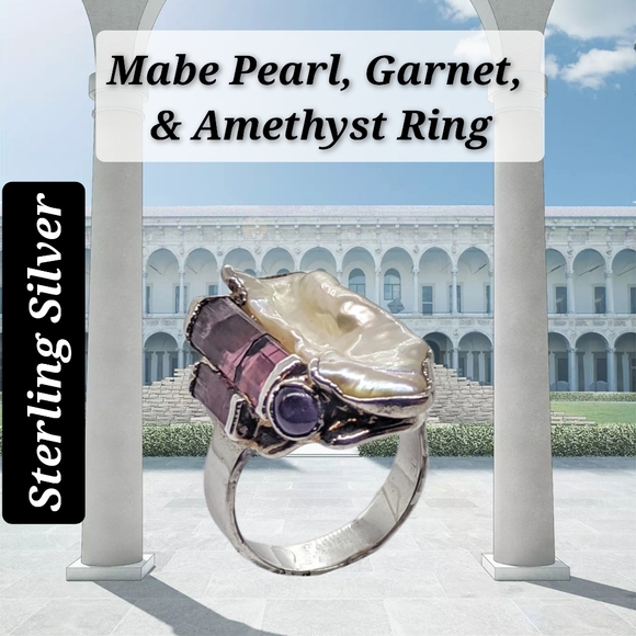 .Mabe Pearl, Garnet, & Amethyst Sterling Silver Ring - Picture 3 of 8